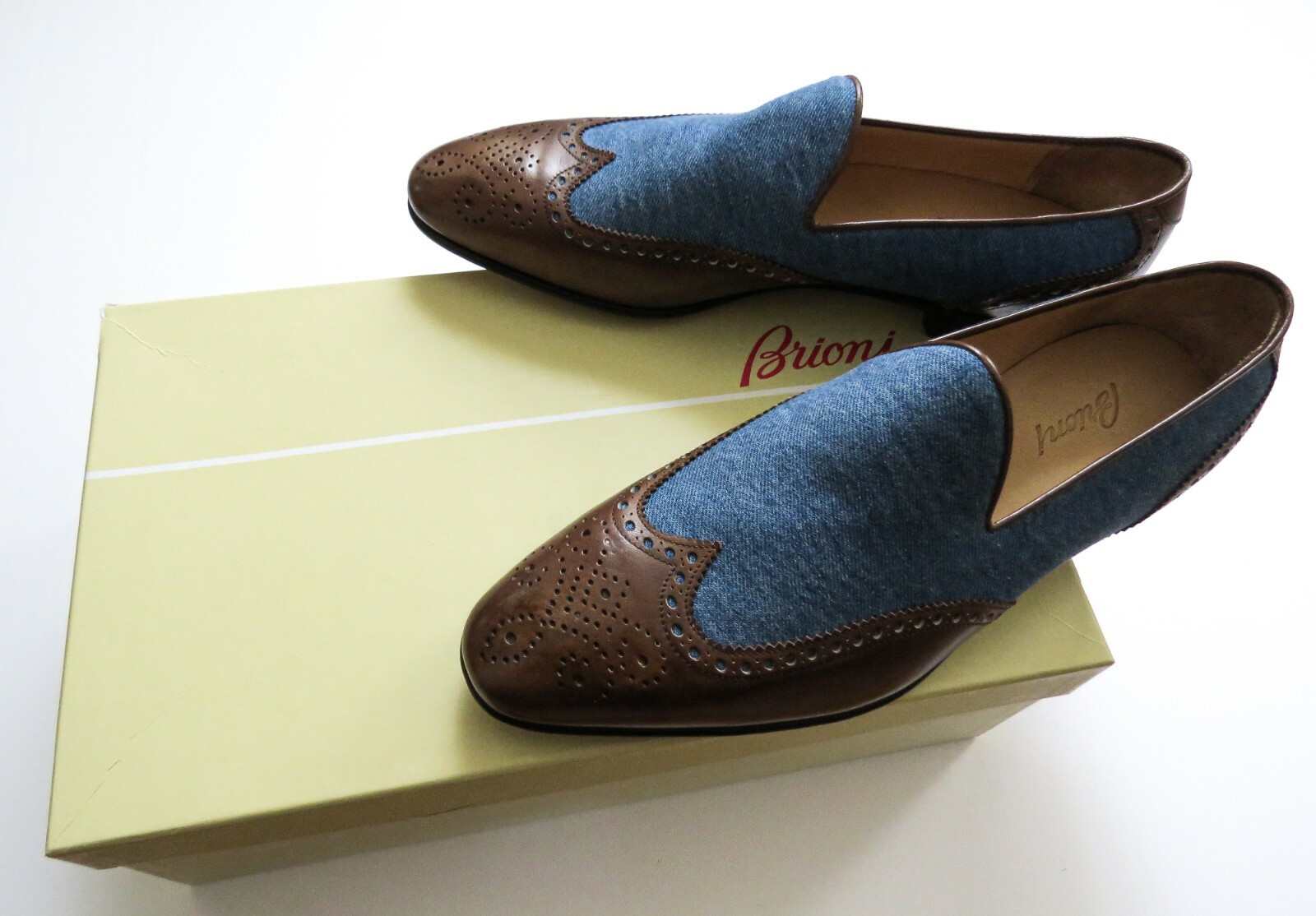 Pre-owned Brioni $1225  Brogue Two Tone Denim Leather Loafers Shoes 9.5 Us 42.5 Euro 8.5 Uk In Multicolor