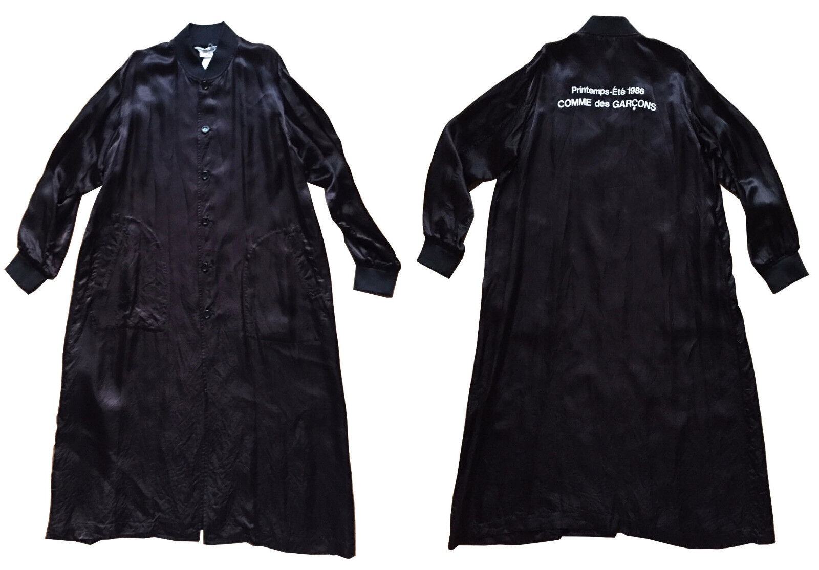 COMME Des GARCONS Long Satin Staff Coat Black CDG Logo 1986 COMME Des GARCONS Long Satin Staff Coat Black CDG Logo 1986
