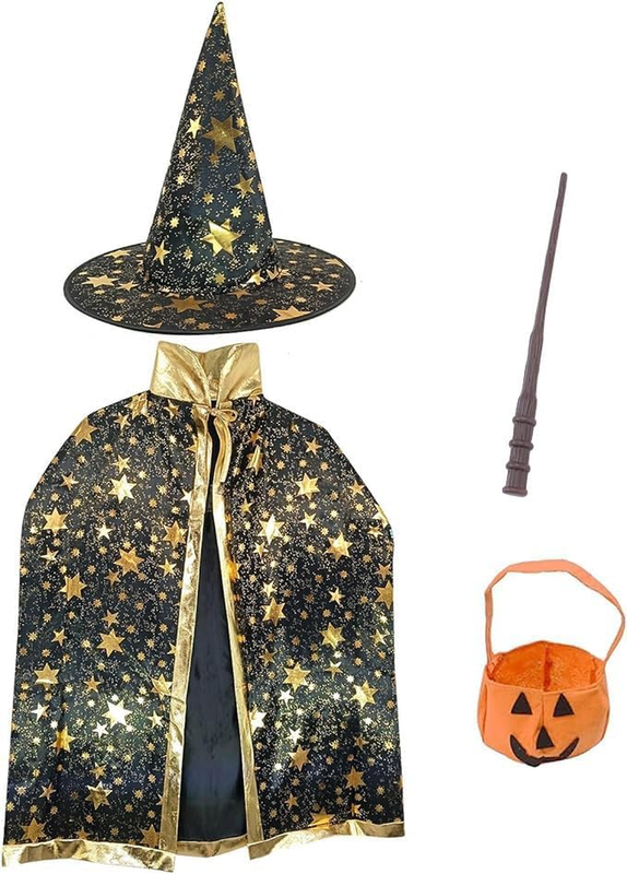 Halloween Wizard Costume Set Kids Star Cloak Witch Hat Pumpkin...