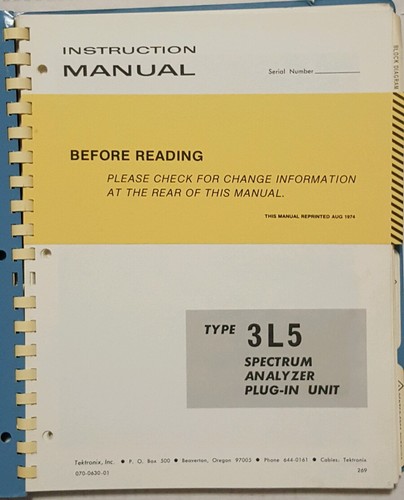 Tektronix type 3L5 spectrum analyzer plug in unit instruction manual booklet
