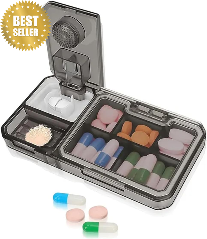 Travel Medicine Pill Organizer with Cutter Crusher, Large Capacity 5 Compartment