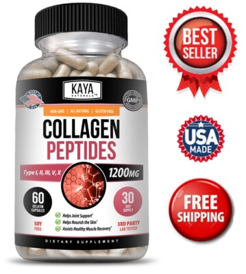 COLLAGEN PEPTIDES Types I, II, III, V, X 1200mg Pills Anti-Aging Skin Capsules