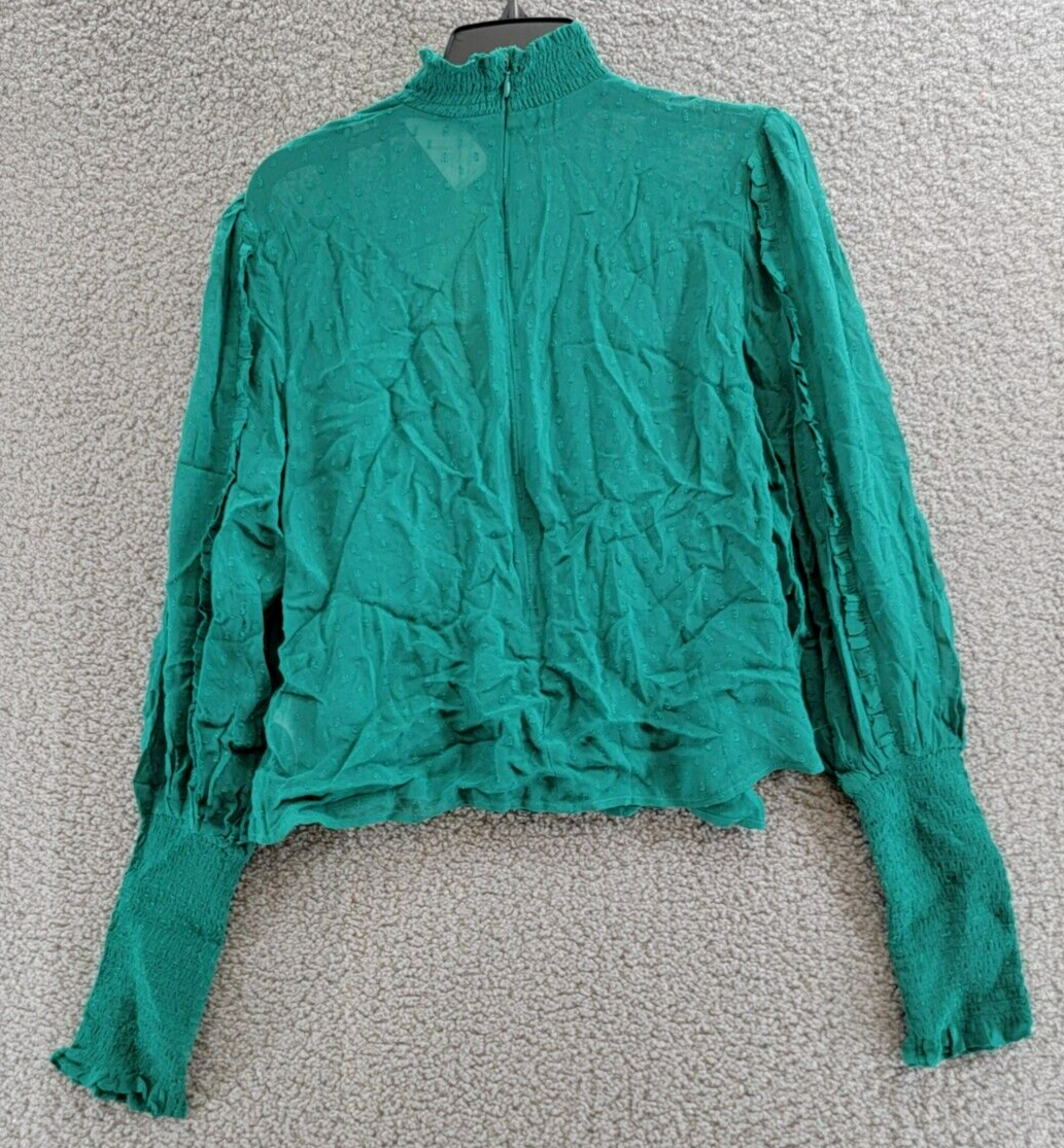 FARM Rio Ruffled Clip Dot Blouse Women's M Emerald High Smocked Neck Long Sleeve - Picture 9 of 16