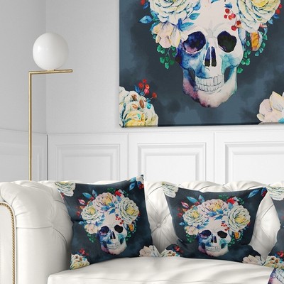 Designart 'Watercolor Vector Skull' Floral Throw Pillow
