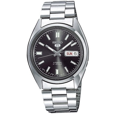 Seiko Watch 5 Automatic Black Dial Silver Band Men'S Case 29Mm Steel snx...