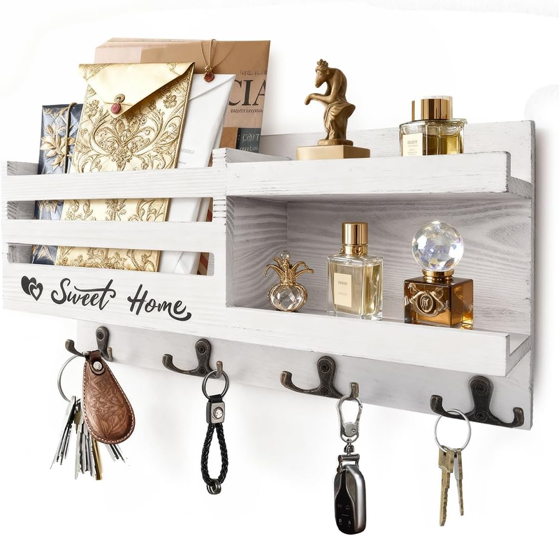 Wall Mounted Key Hangers with Mailbox, Shelf for Mail, Letters, Newspapers and M