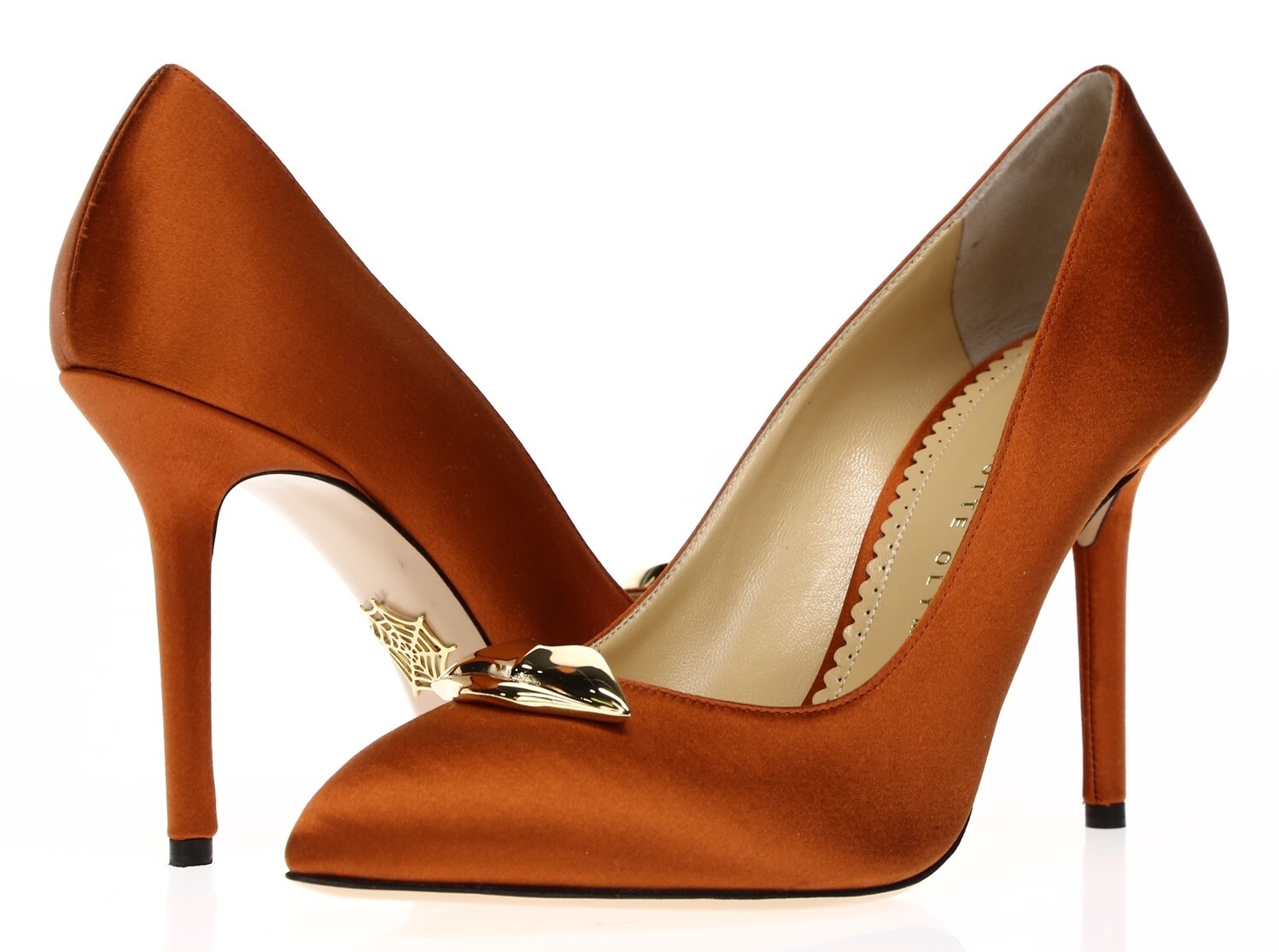 Womens Charlotte Olympia Lippy Eva Rust Silk Satin Pumps Shoes Size 38 M