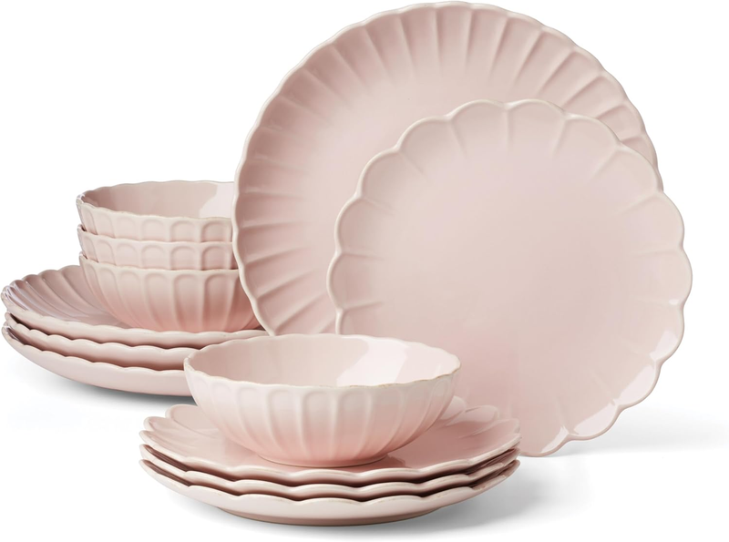 French Perle Scallop Blush Piece Dinnerware Set, 12 Count, Pink