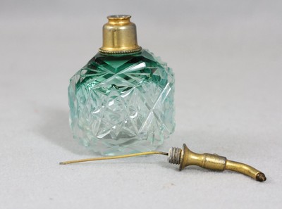 Perfume Bottle  Atomizer Vintage  Clear to Green  Glass Gold Stem