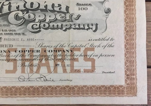 Winona Copper Company Stock Certificate 100 Shares Michigan Mining 1927 A7484