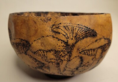 MUSHROOM FOREST 5'' Art Gourd Bowl RODWAN Original Pyrography