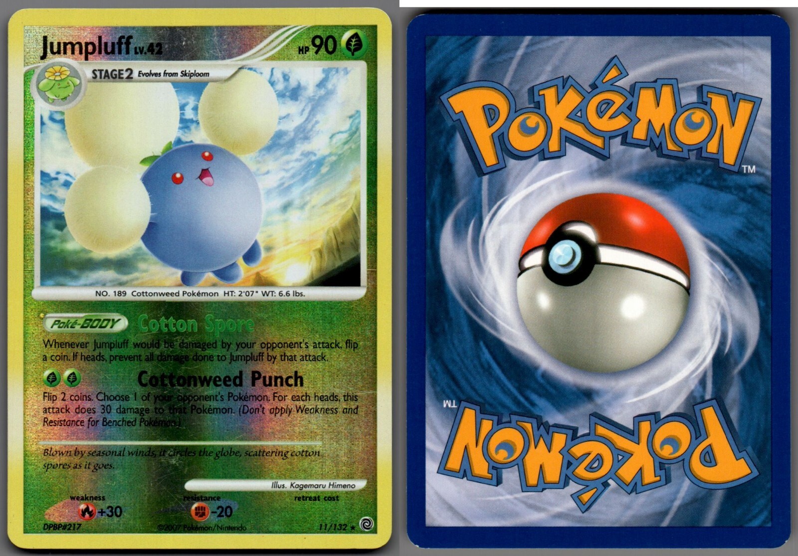 2007 Pokemon, D&P Secret Wonders, #11/132 Jumpluff Lv. 42, Reverse Holo Rare 2007 Pokemon, D&P Secret Wonders, #11/132 Jumpluff Lv. 42, Reverse Holo Rare