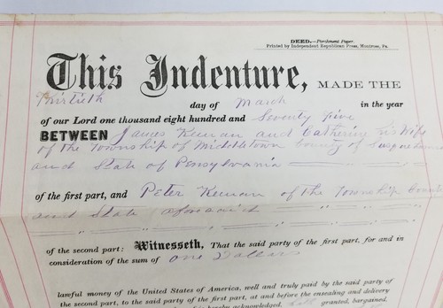 Antique Indenture Deed Ephemera 1875 Middletown Township Susquehanna County PA