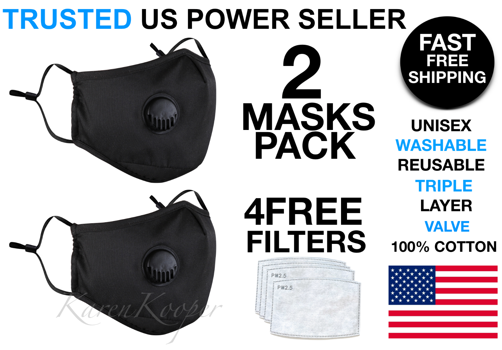 2 Reusable Washable Cotton Cloth Face Mask with Valve / Pocket + 4 PM2.5 Filters