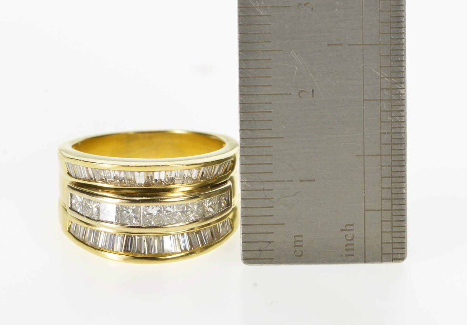 18K 3.52 Ctw Tiered Baguette Round Diamond Band Ring Size 7.25 Yellow Gold *65