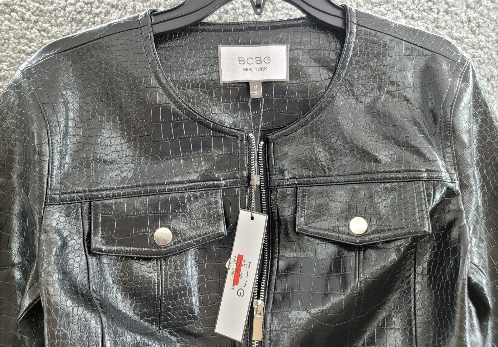 BCBG New York Croc-Print Faux-Leather Cropped Jacket Women's M Onyx Zip Closure - Picture 3 of 19