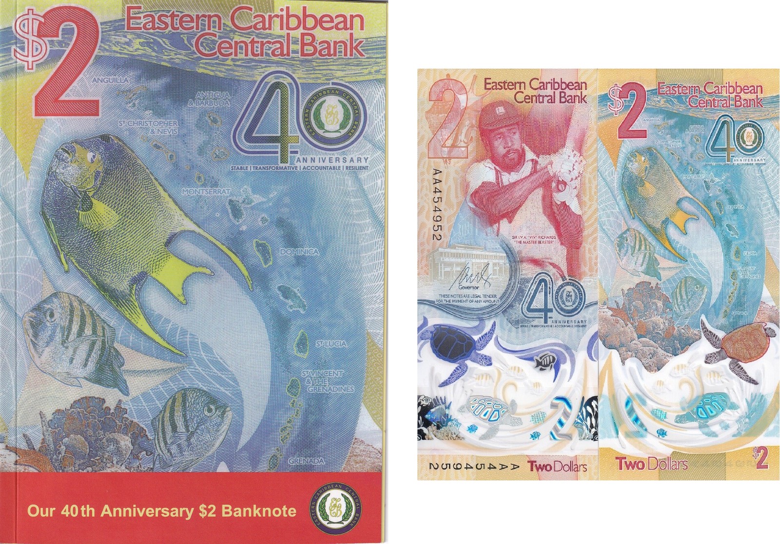 East Caribbean 2 Dollars 2024 40th P 61 Polymer Commemorative With Folder
