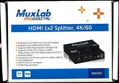 Muxlab 500425 HDMI 1x2 splitter 4K/60 HDR Deep Color TrueHD HD Master Audio