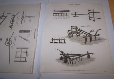 Antique Farm Equipment Plow Cultivators Grass Rake Early 1800s Engravings Lot 2