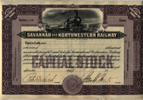 Savannah & Northwestern Railway Stock Certificate Georgia