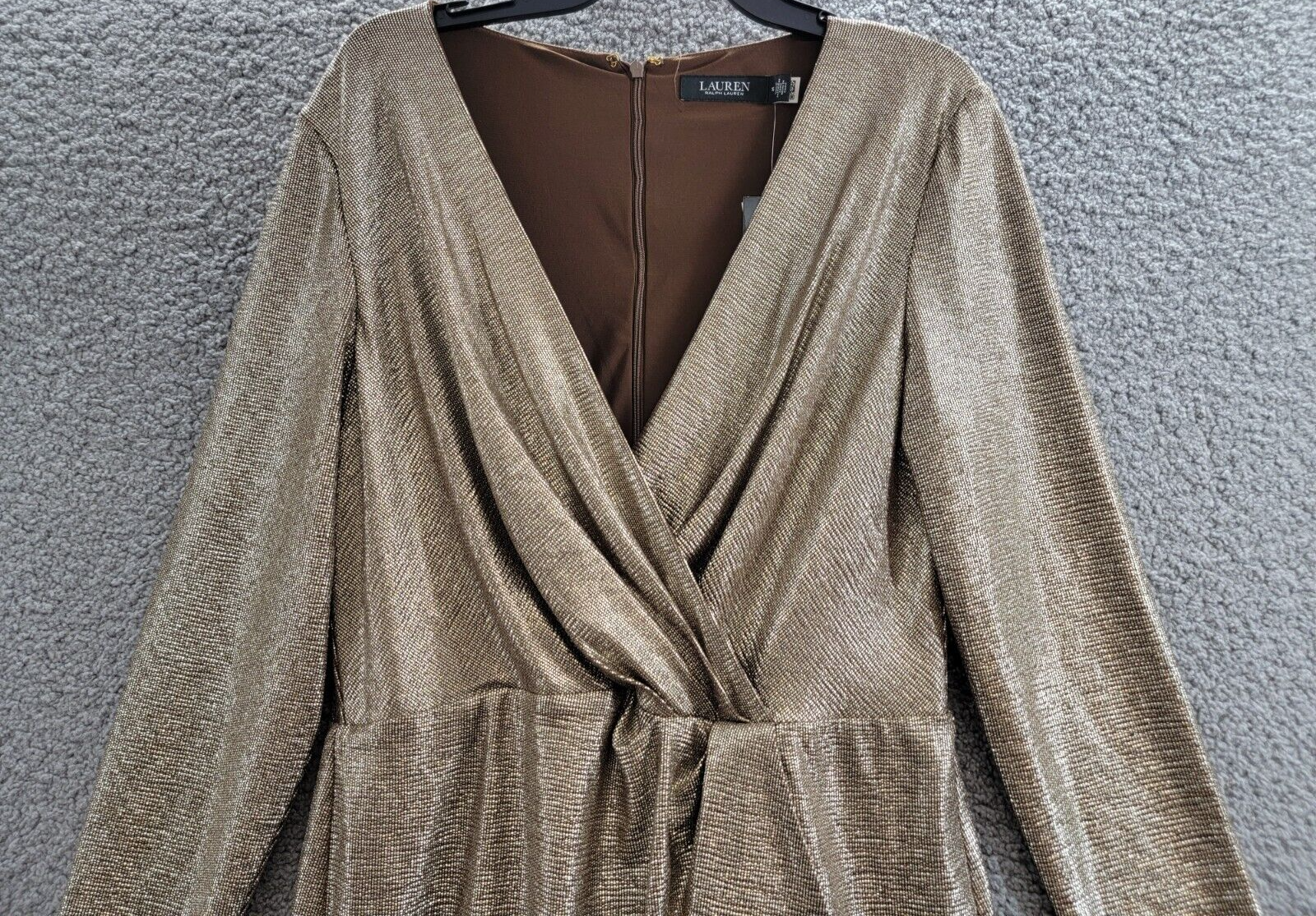 Lauren Ralph Lauren Metallic Ruffled Cocktail Dress Women's 16 Brown/Gold L/S - Picture 3 of 17