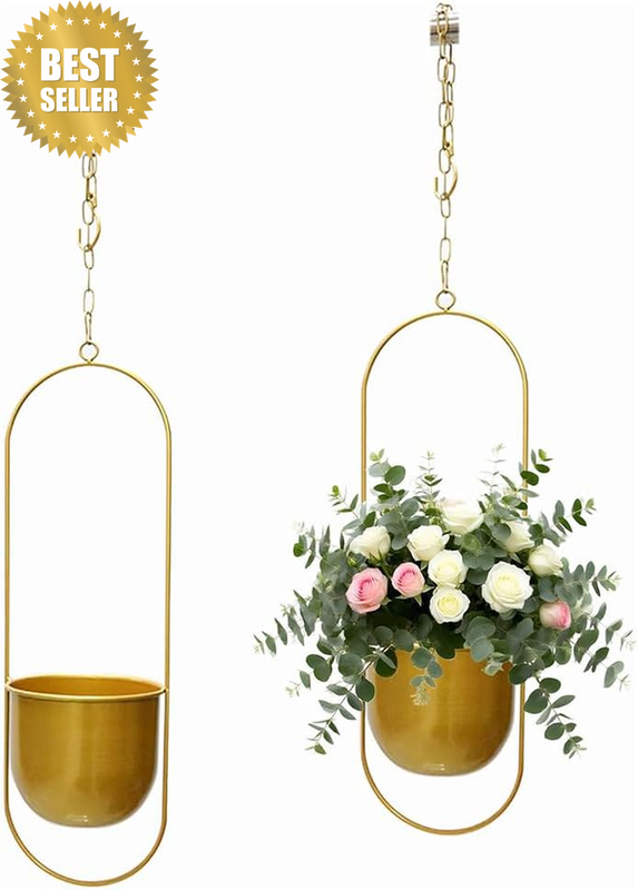 2 Pack Gold Metal Hanging Planter, Plant Hanger Decor, Easy to Hang and Move, Id