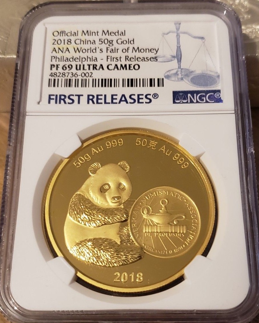 **ONLY 50 MINTED** 2018 Mint Medal China 50 gram GOLD PANDA! ANA Show! PF 69 UC!
