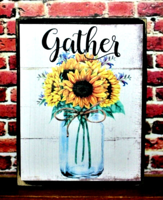 Gather Sunflower Mason Jar Farmhouse Tiered Tray Sign Shelf Sitter Block 3.5X4.5