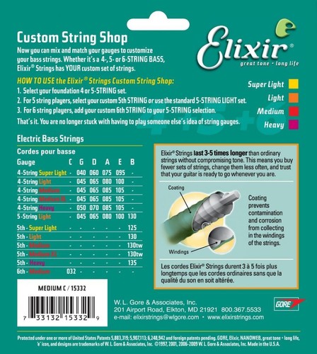Elixir Strings Nickel Plated Steel with NANOWEB Coating, Custom Bass 6th...
