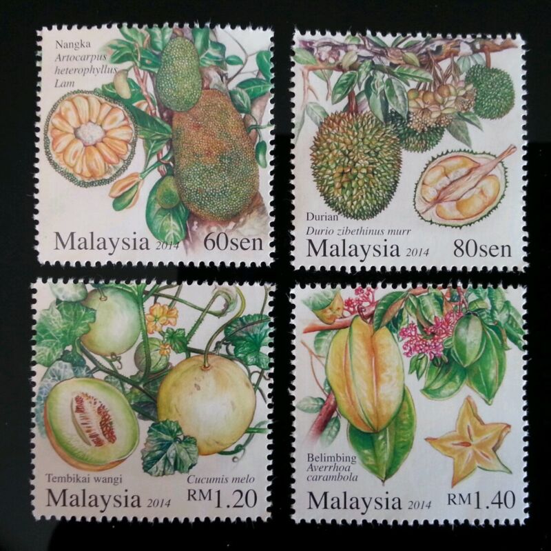 *FREE SHIP Malaysian Fruits Plant Food Starfruit Durian Malaysia 2014 (stamp MNH