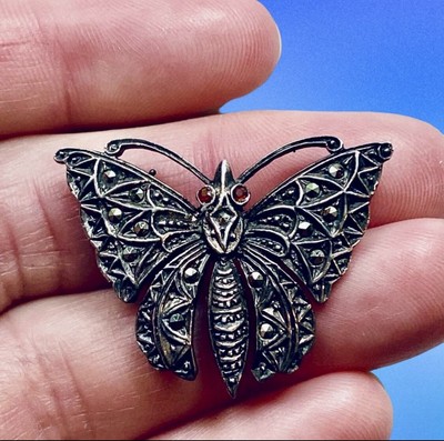 Vintage Sterling & Marcasite Garnet Eyes Butterfly Pin Brooch Signed CL