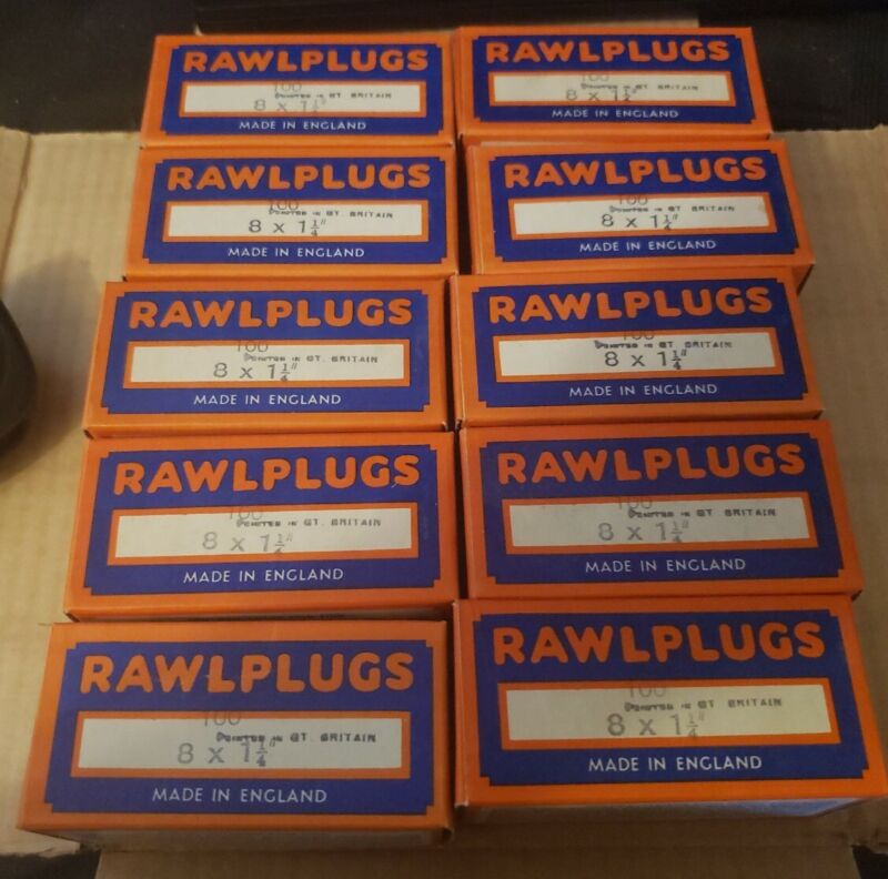 10 Boxes of 100 #833 8" x 1" 1/4 Genuine Rawlplugs Vintage?