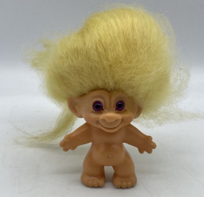 Vintage Dam Troll 60s? Purple Eyes Long Yellow Hair Unmarked 2 3/4'' inches Tall