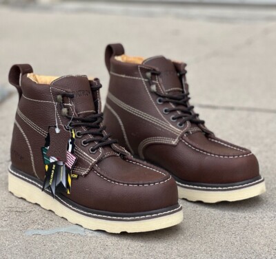 MEN'S WORK BOOTS MOC TOE GENUINE LEATHER LACE UP SOFT TOE DARK BROWN