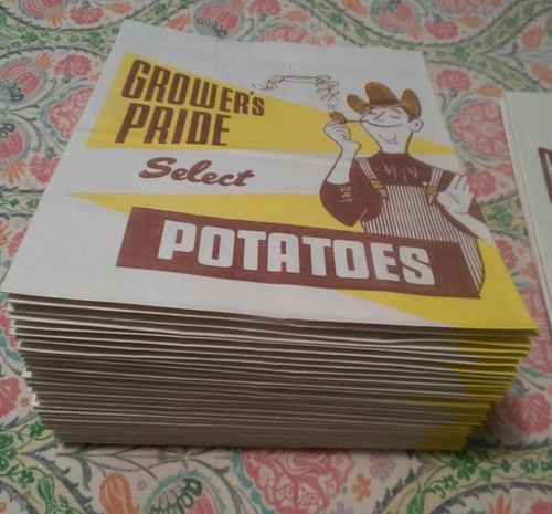 Vintage Grower's Pride Select Potatoes Bags - LOT of 33, Farmer Smoking His Pipe