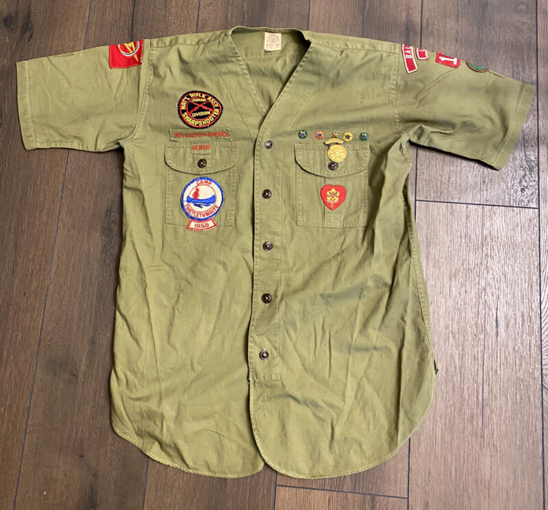 Vintage 1950s 60s Boy Scouts Uniform Shirt Baldwin, LA Patches Medal NRA
