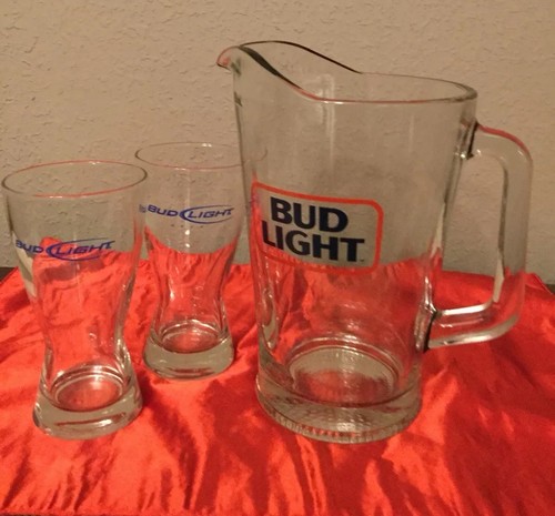 Bud Light Glass Beer Pitcher Vintage Old Logo & 2 Bud Light 12 Oz. Beer Glasses