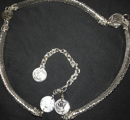 Vintage Silver Toned /plated, Fish scale /Mesh Chain Belt w/ Napoleon Coins