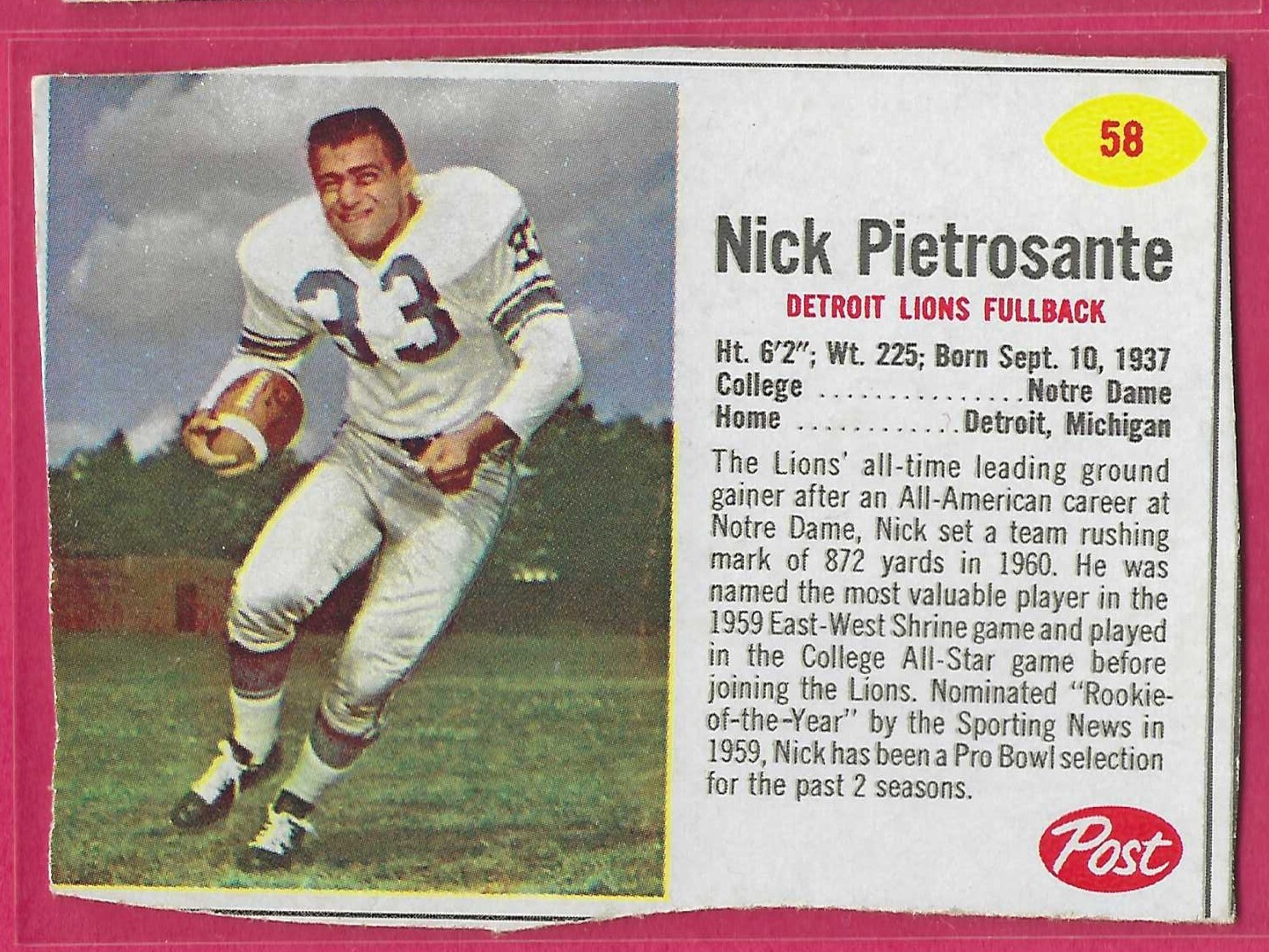 1962 Post Cereal Football NICK PIETROSANTE #58 Detroit Lions