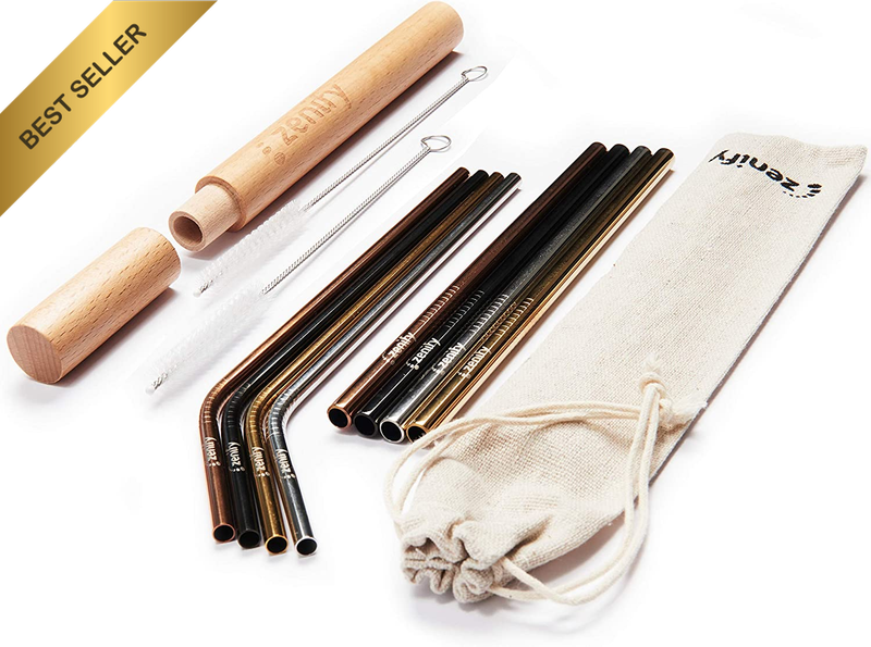 Zenify Reusable Metal Straws Case Bag Cleaners 8 Straight Bent Gift