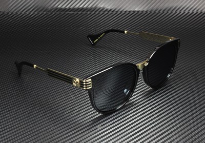 Pre-owned Gucci Gg0586sa 001 Panthos Black Shiny Gold Grey 55 Mm Unisex Sunglasses In Solid Grey