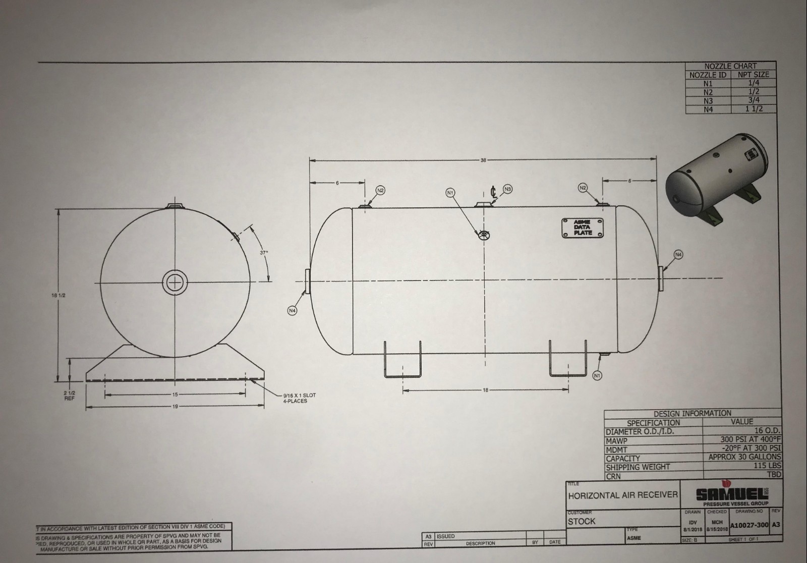 *NEW 30 GALLON HORIZONTAL AIR RECEIVER TANK 300 PSI WITH SADDLE LEGS A10027-300