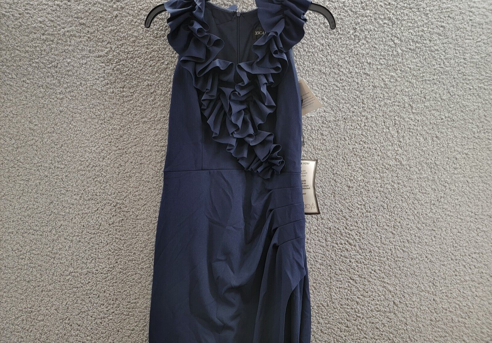 XSCAPE Ruffled-V-Neck Sleeveless Ruched Gown Women's 4 Navy Back Zip Closure - Picture 3 of 15