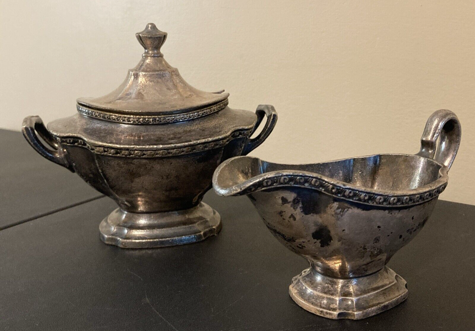 R. Wallace Silver Soldered Creamer and Sugar Dish w/ lid Ben