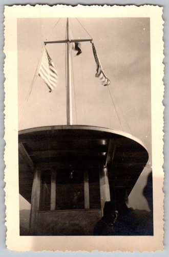 Vtg B&W Snapshot Man By Ship Bridge Tower With American Flags Patriotic 1940s