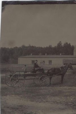 1860S TINTYPE OF FARM WAGON W/ HORSE, FARMER,   SON IN FIELD W/ BARN -ORIGINAL