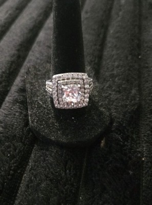Double halo Sterling Silver Cubic Zirconia princess cut engagement ring Size 9