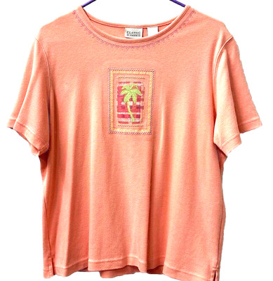 Classic Elements Womens Top Size 14-16 Large Peach Embroidered Palm Tree