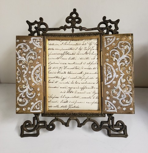 Antique Italian Bronze Folding Photo Frame with Stand Ornate Appliques