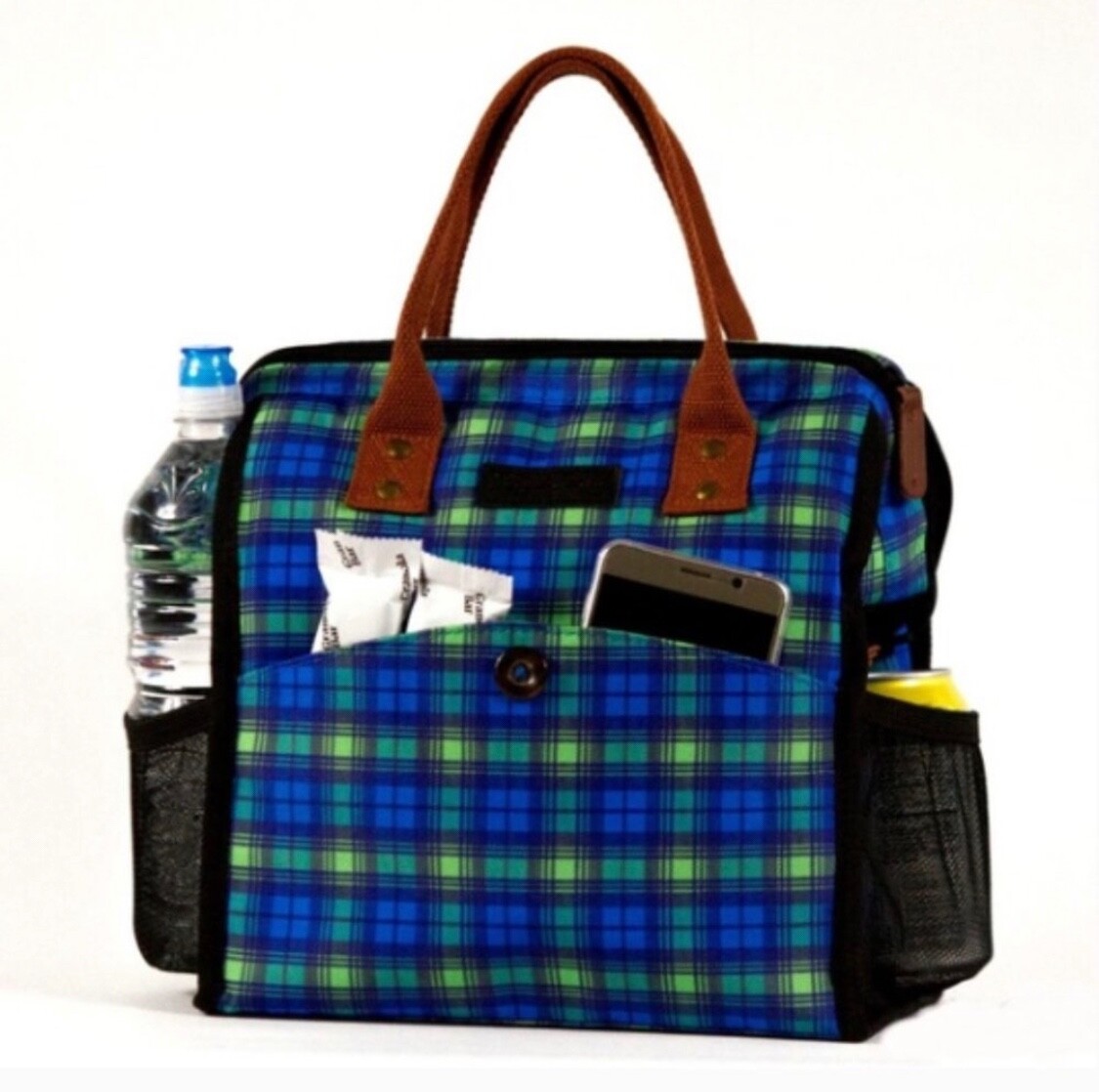 NEW! Lunch Bag, Wide-Open, Stylish-Plaid Blue Color -School/Office/Picnic Use